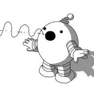A round robot with banded arms and legs and a coiled antenna. It's holding out its hands and opening its mouth wide, from which emerges an expanding sine wave.