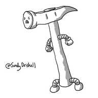 A robot in the form of a claw hammer with arms and legs. Its face is on the head of the hammer and it looks very, very angry.