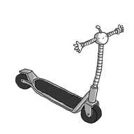 A push scooter in chrome, with the upright strut a banded small robot limb with a little spherical robot body at the top. Banded arms are held perpendicularly on either side to make handlebars and ut also has a little antenna.