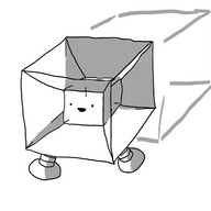A robot whose design resembles a 2-D visualisation of a tesseract - a 4D analogue of a cube. It has one small cube in its centre which has its face on it and planes radiating outwards from each edge that form six trapezoids making a second, transparent cube around it. The lines and shading suggest the faces, edges and vertecies are overlapping in non-intuituve ways. It casts a shadow in the form of a wireframe cube.