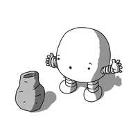 A round robot with banded arms and legs, looking in delighted surprise at a roughly-made clay vase.