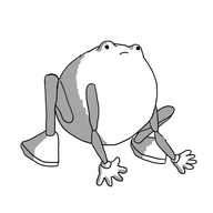 A robot frog with an almost spherical body and two rounded bumps on its top in which its eyes are set. It has jointed limbs, the hind set positioned in a crouch while the fore set rest on the ground in front of it. Its mouth is set in a slightly grumpy expression.