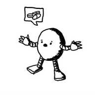 a round robot holding its arms out with a worried expression on its face. it has a speech bubble showing a picture of several tablets and capsules.