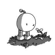 A spherical robot with banded legs and an antenna, no mouth but a very sad expression. It's looking down at a flower that's losing its petals and is surrounded by fallen leaves in the grass.
