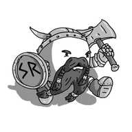 An angry round robot dressed like a stereotypical fantasy dwarf: it has a long, braided beard, bushy eyebrows, armoured gloves, steel-toecap boots, a horned helmet and is rushing forward brandishing a double-headed axe. It also carries a round shield with "SR" in runic script on the front.
