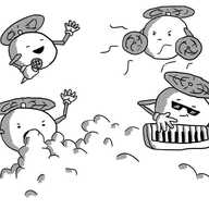 Four spherical robots held aloft by propellers on their tops. One has a microphone it is cheerfully speaking into, one has fans in place of hands, one wears sunglasses and is playing a key-tar, while the fourth is pumping out dry ice from its mouth.