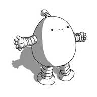 An ovoid robot with banded arms and legs and an antenna, standing and smiling with its arms spread.