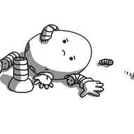 An ovoid robot with its body lying on the ground. Its banded legs have detached - one is still standing while the other lies beside it, the foot separate. One arm is on the ground while the other hangs limply across the robot, and the hand has just dropped off. Its antenna has also come loose, and the ball on the end is rolling away. Understandably, the robot doesn't look happy about the situation.