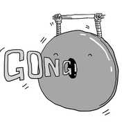 A shiny, disc-shaped robot hanging from a horizontal bar by two slim, banded arms. It has a large, open mouth from which the word "GONG!" is energing in big letters. The robot and the words are all vibrating slightly.