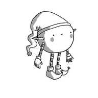 A spherical robot with thin, banded arms and legs. The bands alternate dark and light stripes and it wears curly-toed shoes with bells on the end and a hat with a long drooping top, also sporting a bell. Two pointed ears are stuck on either side of its body and it has rosy cheeks. Its facial expression is best described as ambivalent.
