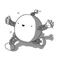 A spherical robot with springs for arms and legs and a spring antenna, happily bouncing along.