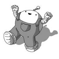A spherical robot with banded arms raised triumphantly in the air and a zigzag antenna. It's wearing dungarees and is walking along, apparently very pleased with itself.