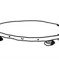 A disc-shaped robot with a happy face on its edge and four little banded legs on its underside.