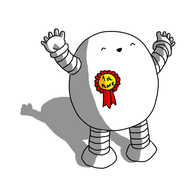 An ovoid robot with banded arms and legs, wearing a yellow and red rosette that reads "1st PLACE". It's throwing up its arms in triumph and smiling happily with its eyes closed.
