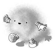 A robot in the form of a hazy, indistinct spherical cloud with banded arms and legs and a happy face in the middle.