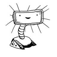 A robot with a big cheery rectangular face that functions as a lamp, mounted on a banded neck with is connected to a rounded unit with all-terrain caterpillar tracks on either side.