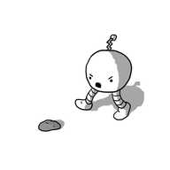 A spherical robot with two banded legs and a zig-zag antenna furiously yelling at a small rock.