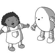 A gap-toothed little girl wearing a dungaree dress stands with her hands outstretched, imploring while an ovoid robot with banded arms and legs leans towards her, happily imparting an answer.