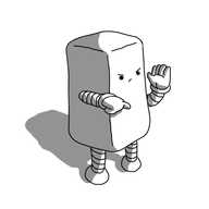 A robot in the shape of a rounded cuboid with banded arms and legs. It's pointing with one hand, while the other is held up flat, edge on. It looks quite angry.