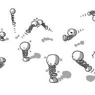 Twelve robots, each consisting of a spherical body, with a spring on the underside and a small, rounded foot. They are in various states: two are just wobbling gently, a couple are mid-bounce, one is landing, two are banging into one another, three are having a contest to see how high they can jump and one unfortunate robot is on the ground with its spring tangled up.