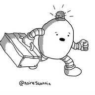 An ovoid robot with a big toolbox in one hand and a spinning, flashing emergency light on its top. It's running to the rescue with an alarmed expression on its face.
