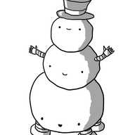 Three smiling spherical robots of decreasing size, piled up like a traditional cartoon snowman. The topmost robot wears a top hat, the middle robot has little banded arms sticking out and the bottom robot has four sturdy legs on its underside. They all have faces but only the top robot's is positioned centrally to create the snowman's face.