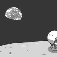 A spherical robot with banded arms and legs, standing on the bare surface of the moon, looking up wistfully at the partially-shadowed Earth.