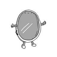 A robot in the form of a framed, oval mirror with legs at the bottom and arms on either side. Its smiling face is high up on the surface of the mirror itself. On one side of its frame is a little slide switch with dashes denoting the settings.