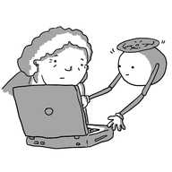 A spherical robot held aloft by a propeller on its top, with two banded arms floating in front of a laptop and gesturing towards the screen. Beside it, an older woman looks on with a concerned expression.