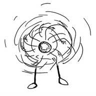 a robot on two thin legs whose head is at the centre of a large, motorised fan. it's spinning rapidly around and its face is blurred by the motion.