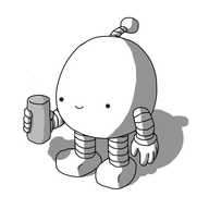 A smiling, roughly spherical robot with banded arms and legs and an antenna, holding out a featureless cylinder.