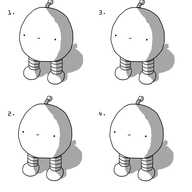 Four numbered images of a round, vacantly smiling robot with two banded legs and an antenna. Though ostensibly different colours, the grayscale nature of the images means they are identical.