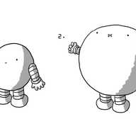 A diagram of a robot in two stages. The first shows a round robot with banded arms and legs with a neutral expression. The second is the same robot with its body massively inflated and its cheeks puffed out.