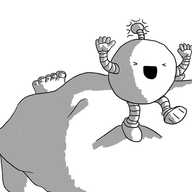 A round robot with banded arms and legs, lifting its hands in the air as it yells joyously and stomps around on some bed covers from which protrude someone's feet. It also has an antenna with a flashing light on the end.