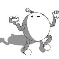 A spherical robot with jointed arms and legs and a zigzag antenna, looking upwards, smiling and doing a sort of weird dance.