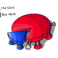 Two coloured robots in the form of a segmented pie chart, one of which (the red one) is most of the circle, the other of which (the blue one) is a small wedge standing slightly apart from it. Both have a number of banded legs on their undersides and the red robot has small arms. Their smiling faces are on the outer edges of their discs. Above them is a key in the form of two squares of the same colours with faces on.