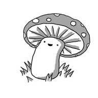 A robot in the form of a cartoon mushroom, with a smiley face on the stalk so the cap looks like a wide hat.