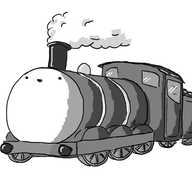 A robot in the form of a classic steam train with a big, smiling face on the front a la the engines of Sodor.