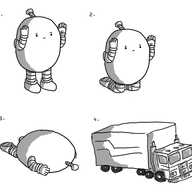 Four numbered pictures showing the steps of a transformation sequence. In the first, an ovoid robot with banded arms and legs stands with its hands raised up to either side of its face. In the next it's on its knees, in the next it's tipped over onto its face and then, finally, an Optimus Prime-style truck and trailer just takes the robot's place.