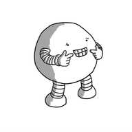 A round robot with banded arms and legs, pointing at its mouth, which has adopted a fixed grin. Its eyes don't match that expression, instead appearing sympathetic or worried.