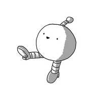 A spherical robot with an antenna and two banded legs. It has little, shiny heeled shoes on and is holding one up with a delighted expression on its face as it shows it off.