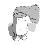 A robot in the form of a tapering funnel or chimney, with two banded legs on the underside and its face near the bottom where it bulges out. The top of the robot is open, and a large cloud of steam is issuing forth, while some water droplets condense around the opening.