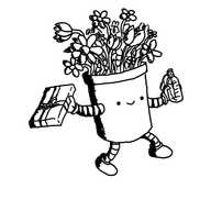 A robot in the form of a plant pot with arms and legs and a nice smiling face. In one hand it holds a wrapped, rectangular box and in the other a bottle of perfume. From its top sprouts a big bunch of flowers.
