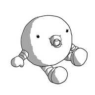 A spherical robot with banded arms and legs. It's sitting on the ground with its feet out in front of it while its mitten-like hands support it. It's sucking on a dummy and its eyes have long lashes.