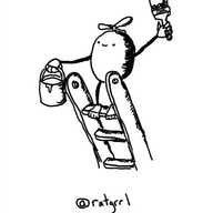 a round robot standing cheerfully on top of a ladder with a paintbrush and pot. its feet have gripping toes to hold it to its rung and a currently inactive propeller is on its top
