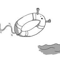 A robot in the form of a lifering/life preserver, with its face on ome edge and two little arms outstretched to either side, hurling itself into a stretch of water, an expression of alarm on its face as the rope connecting it to land unspools behind it.