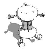 A robot with banded arms and legs and an antenna, squeezed into a corset-like girdle that is constricting its midsection, squashing it into a figure-8 shape. It looks rather unimpressed by the situation.