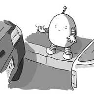 A round-topped robot with banded arms and legs standing on a kerb, beckoning a reversing car towards it while keeping an eye on the rear of the parked car next to it.