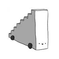 A robot shaped like a solid staircase with wheels on the bottom. Its cheerful face is on the higher end, but near the base, so the treads go down its back.