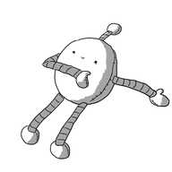 A smiling, ovoid robot with long, banded arms and legs and an antenna topped by a little sphere. The robot has visible stitching on the sides of each of its components, eyes that appear slightly recessed in a soft surface and its limbs are loose and askew, as if it's been haphazardly laid on a bed or chair.